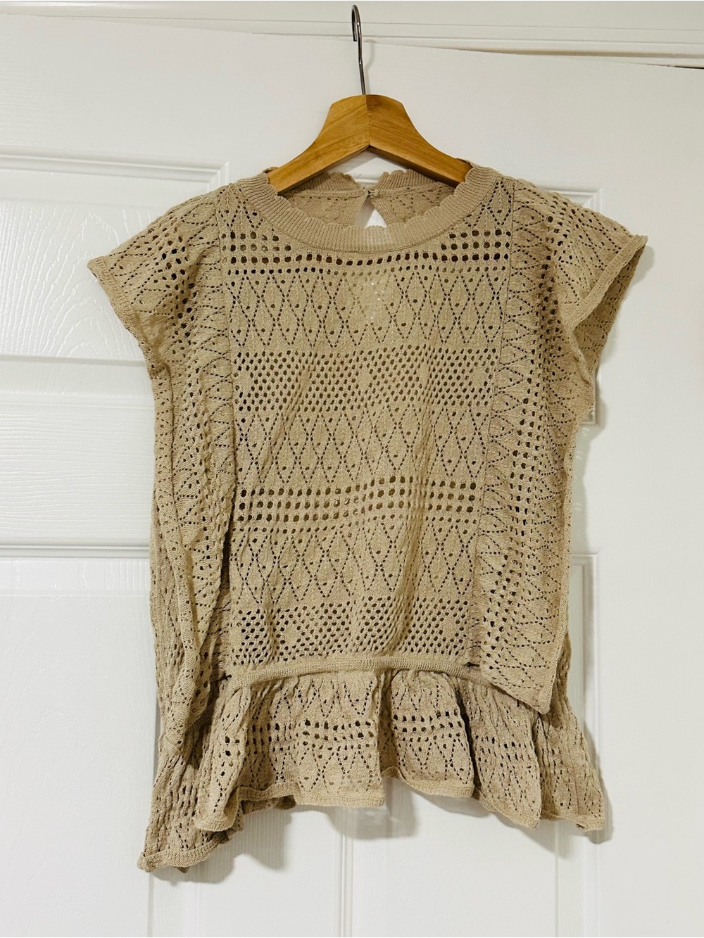 Beige Crochet Knit Ruffle-Hem Top
